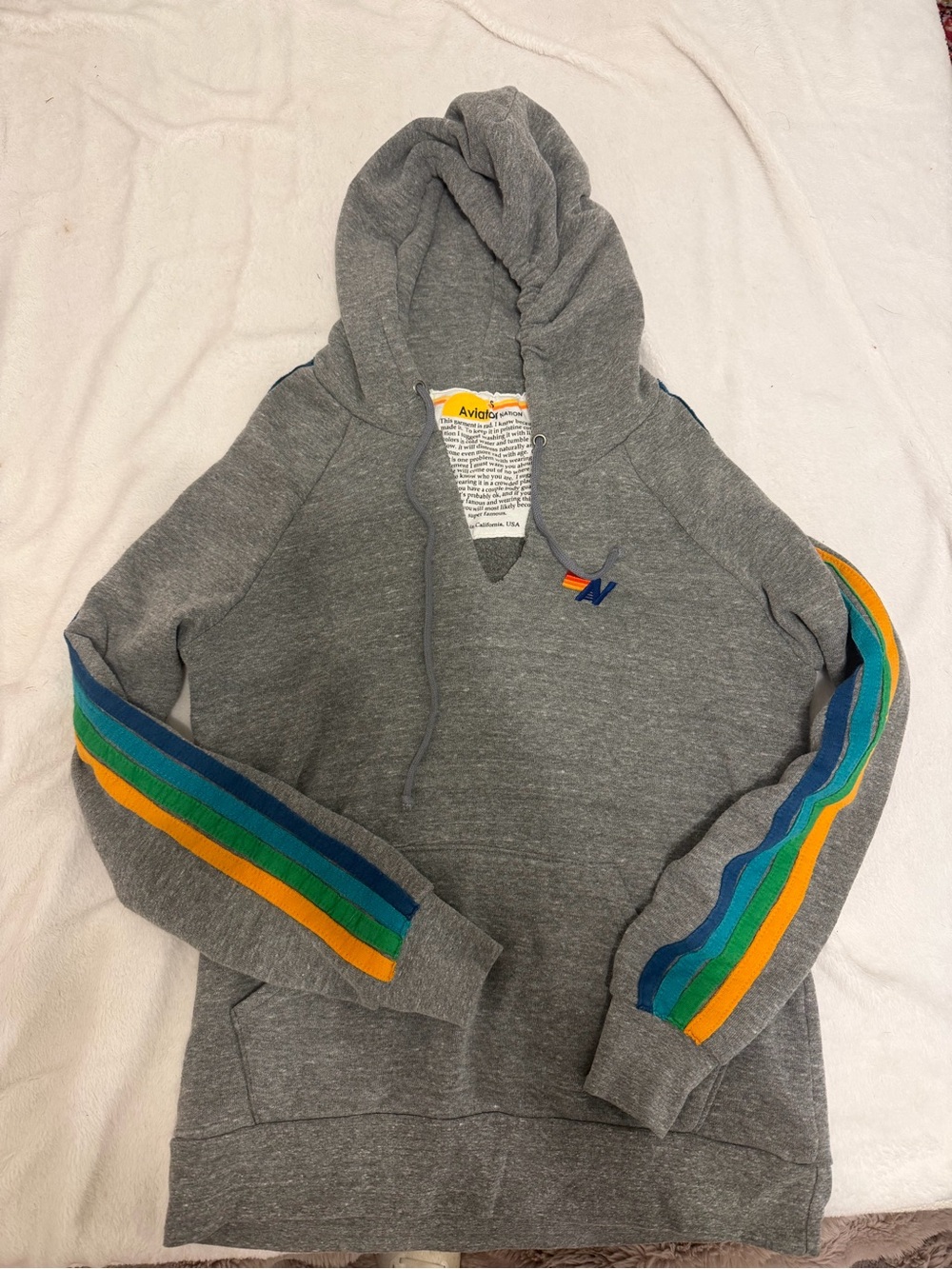Aviator Nation Gray Hoodie with Rainbow Sleeve Stripes